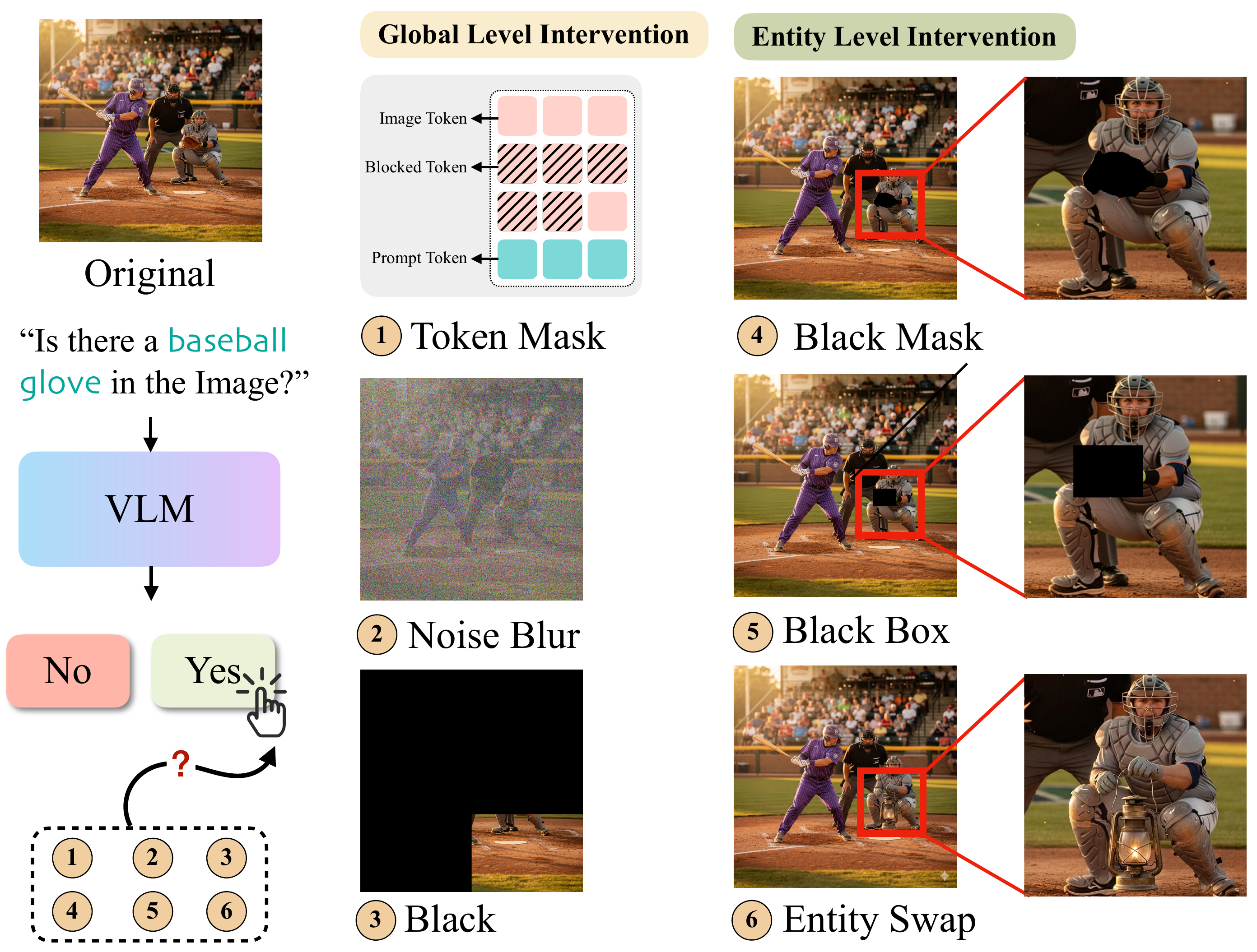 Global-level and entity-level visual interventions studied in the paper